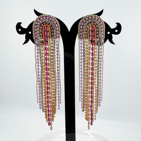Vintage Beaded Rhinestone Chandelier Earrings Pink Timeless Glamour Retro Chic - Picture 3 of 10